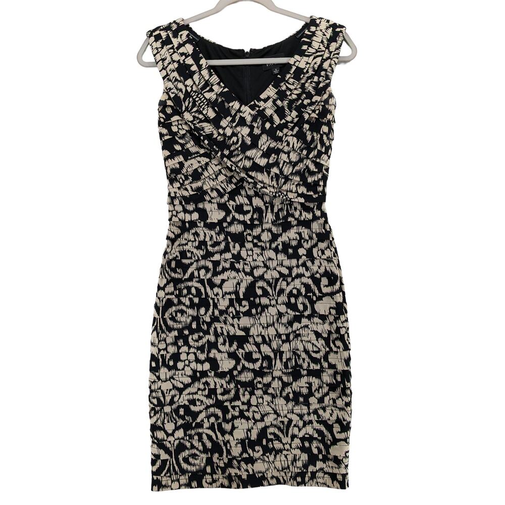 Adrianna Papell Printed Dress 4 Black Tan‎ Bodycon Cocktail Mini V-Neck Stretch